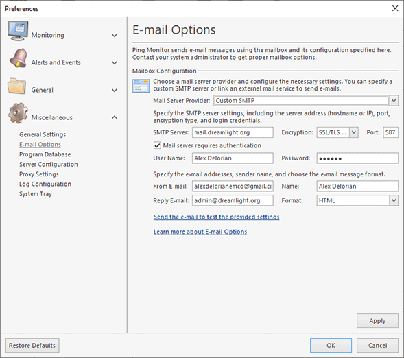 Specifying Custom SMTP settings