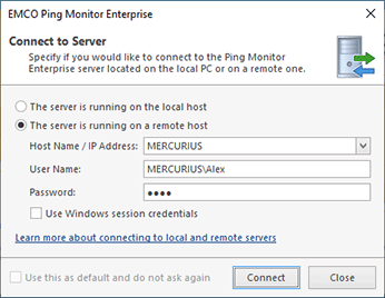 The server connection dialog