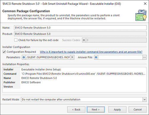 Configuring the EXE uninstallation options