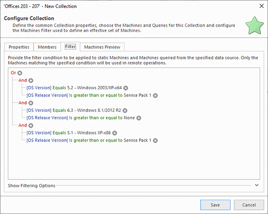 Filter configuration in a collection