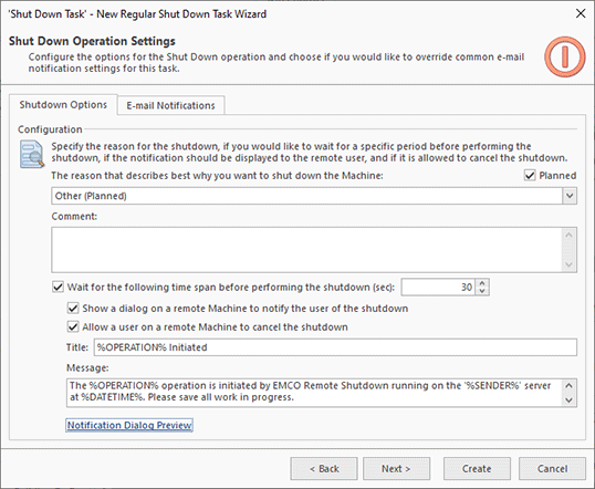 Shutdown options configuration in a task